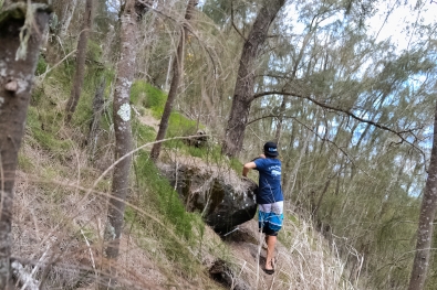 Torin negotiates steep terrain across a treacherous carpet of slippery pine needles in the area of the Bunker, up on Bummer Hill. Photo by James MacLaren.